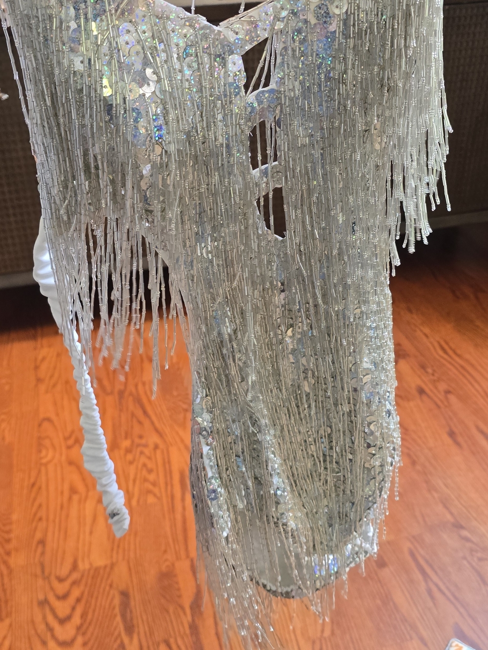 Silver Sequin Bead Fringe Performance Bodysuit Adult L Pop Star Stage Costume - Picture 6 of 16